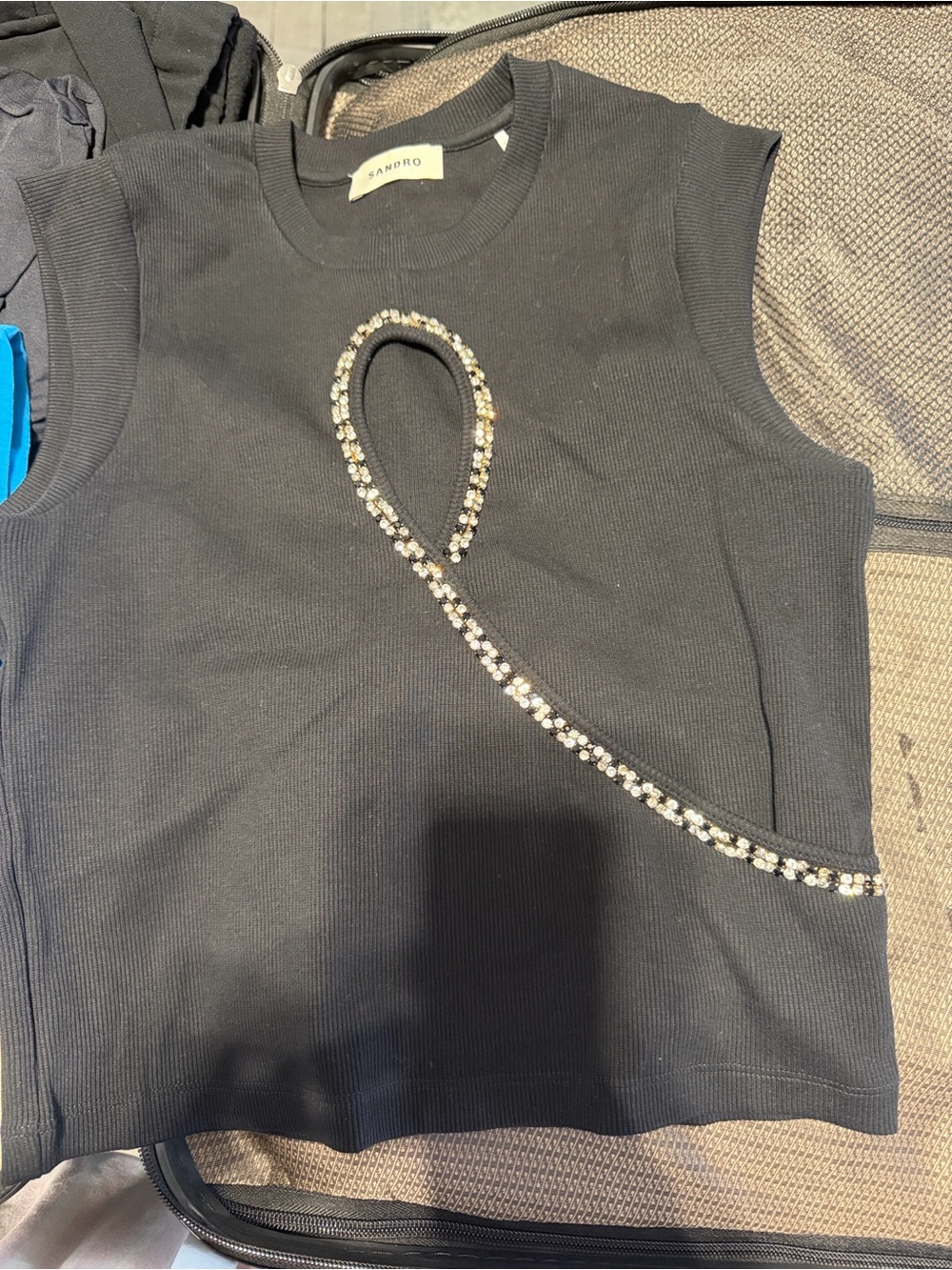 Sandro Black Sleeveless Tank with Crystal Loop Detail
